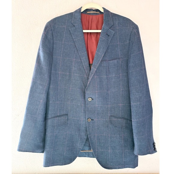 El Ganso Other - El Ganso Mens Blue Plaid Blazer Sport Coat Red Elbow Patches Two Button